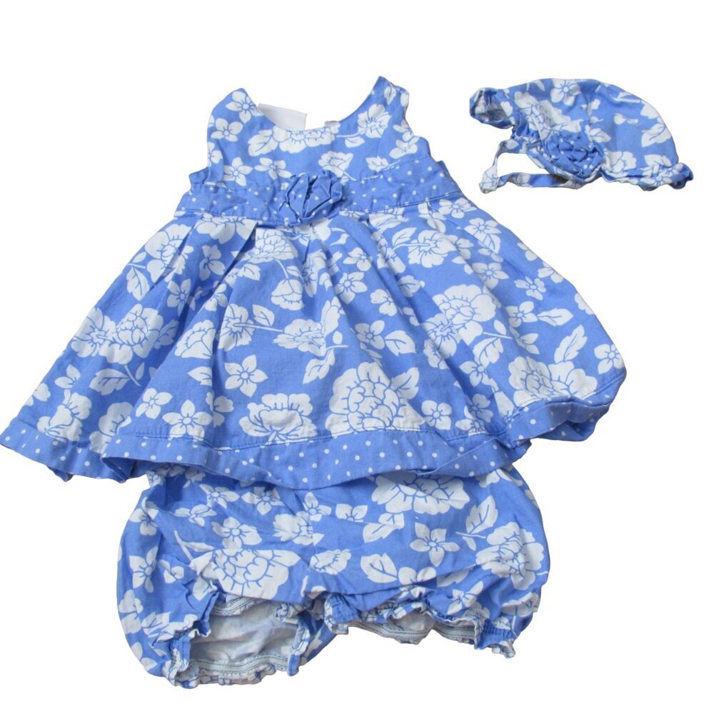 Younghearts 3 Pc Sleeveless Dress Hat Bloomer Outfit Girls 12M Blue White Floral